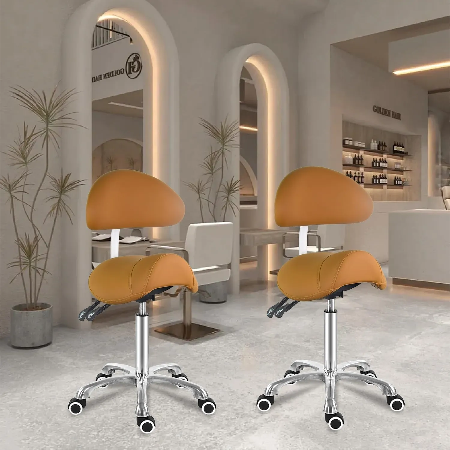Antlu Saddle Stool Chair with Back Support, Ergonomic Esthetician Stool Chair for Salon Tattoo Spa Medical Dentist Clinic (with Backrest, Camel)