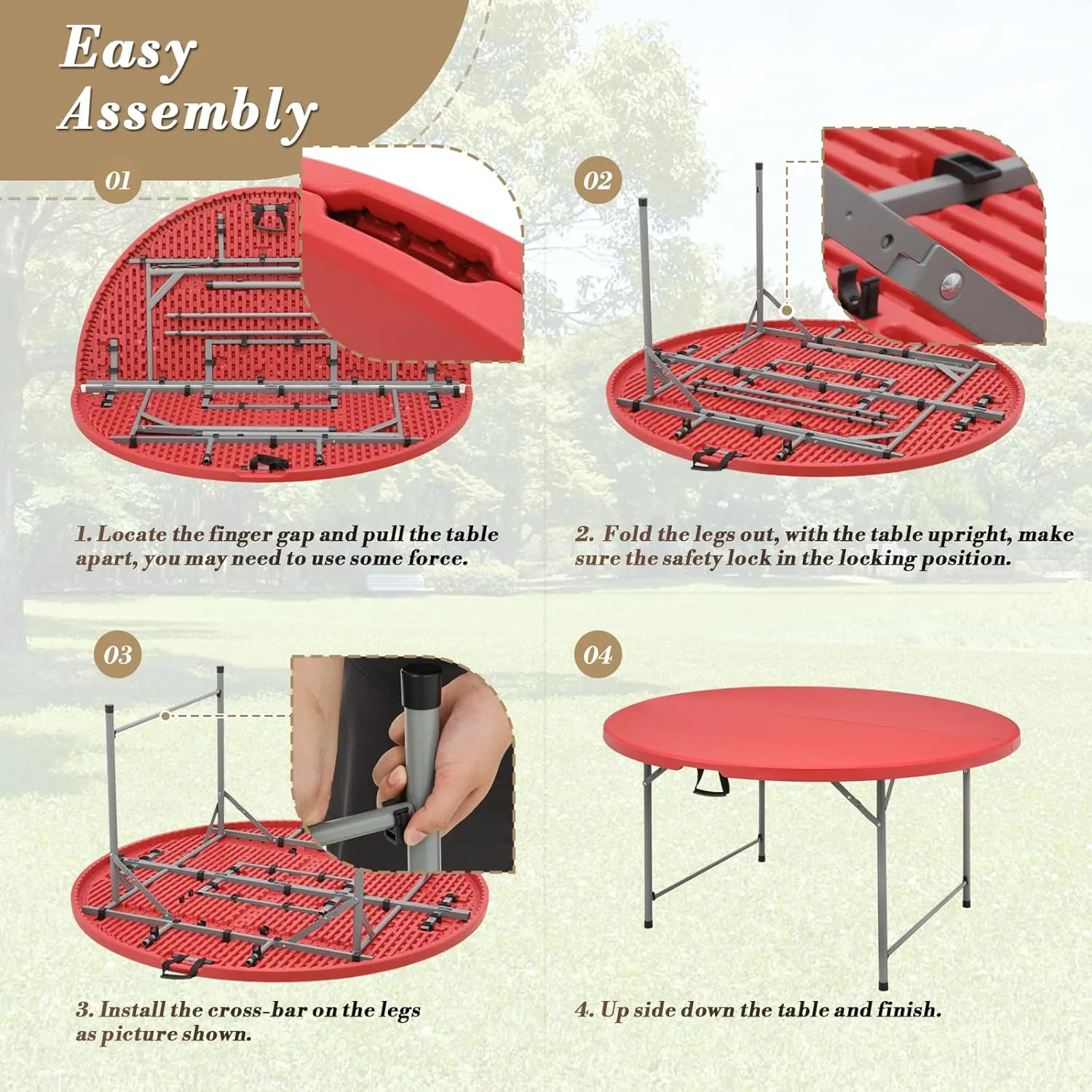 Athena Collection Folding Table, Portable Plastic Round Foldable Card Table, Indoor Outdoor Collapsible Craft Desk Dining with Lock & Handle for Commercial Event Party Camping, Red