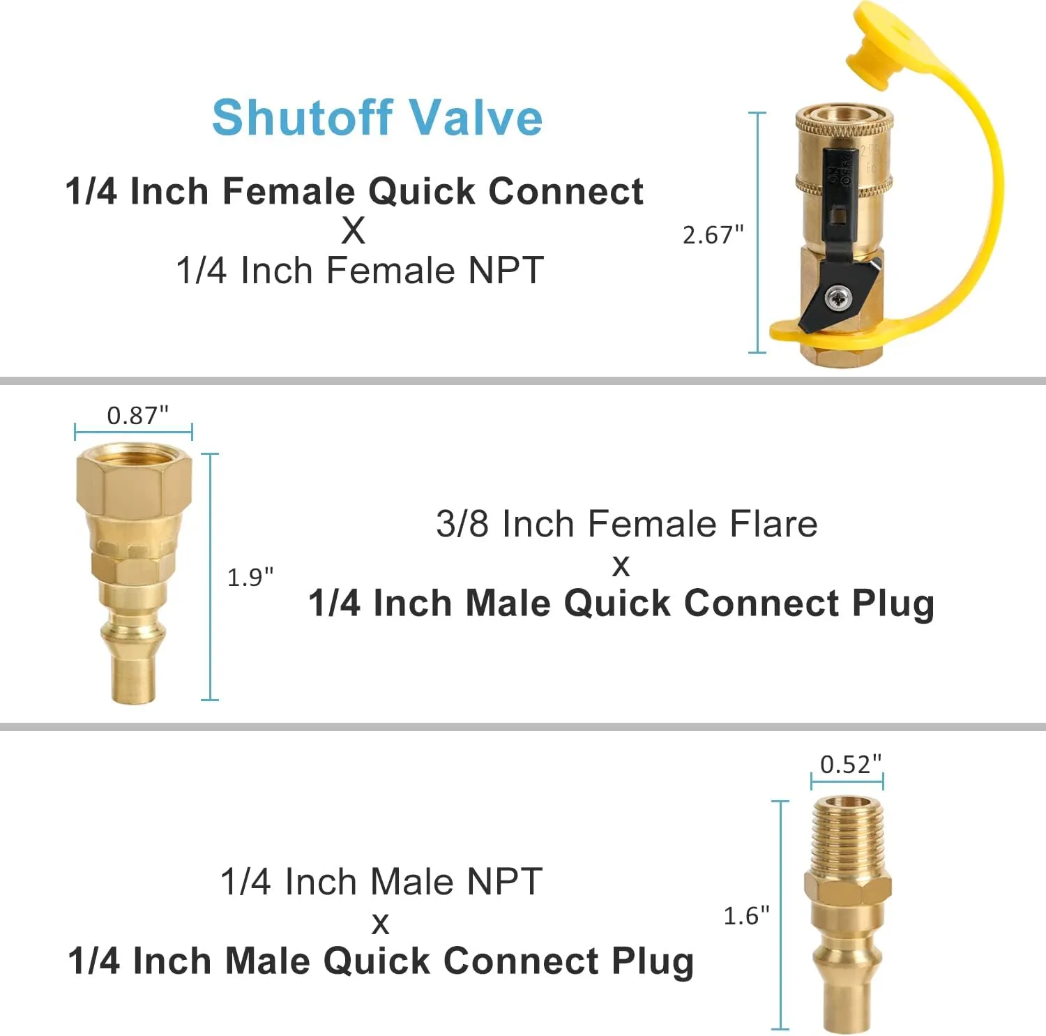 ATKKE RV Propane Quick Connect Fitting Adapter Valve, 1/4" Male NPT Full Flow Plug & 3/8" Male Flare Quick Kit for Low Pressure Gas Appliance Heater Grill Fire Pit and RV Quick Connect, 13pcs