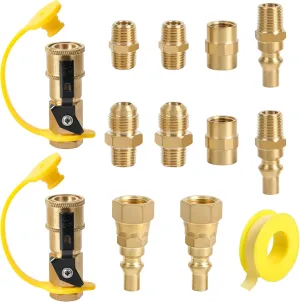 ATKKE RV Propane Quick Connect Fitting Adapter Valve, 1/4" Male NPT Full Flow Plug & 3/8" Male Flare Quick Kit for Low Pressure Gas Appliance Heater Grill Fire Pit and RV Quick Connect, 13pcs