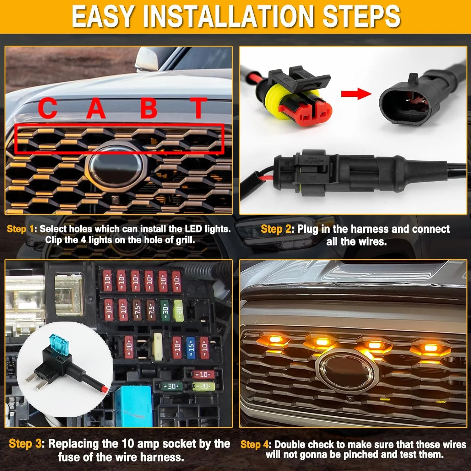 AUTOXBERT Tacoma LED Grill Lights Compatible with Toyota Tacoma 2020 2021 2022 2023 TRD Off-Road & Sprot OEM Front Grille Amber Lights with Fuse（4PCS Amber Shell Amber Lights）