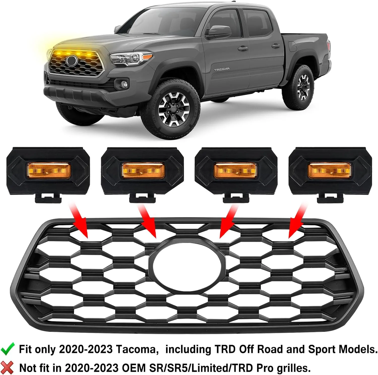 AUTOXBERT Tacoma LED Grill Lights Compatible with Toyota Tacoma 2020 2021 2022 2023 TRD Off-Road & Sprot OEM Front Grille Amber Lights with Fuse（4PCS Amber Shell Amber Lights）