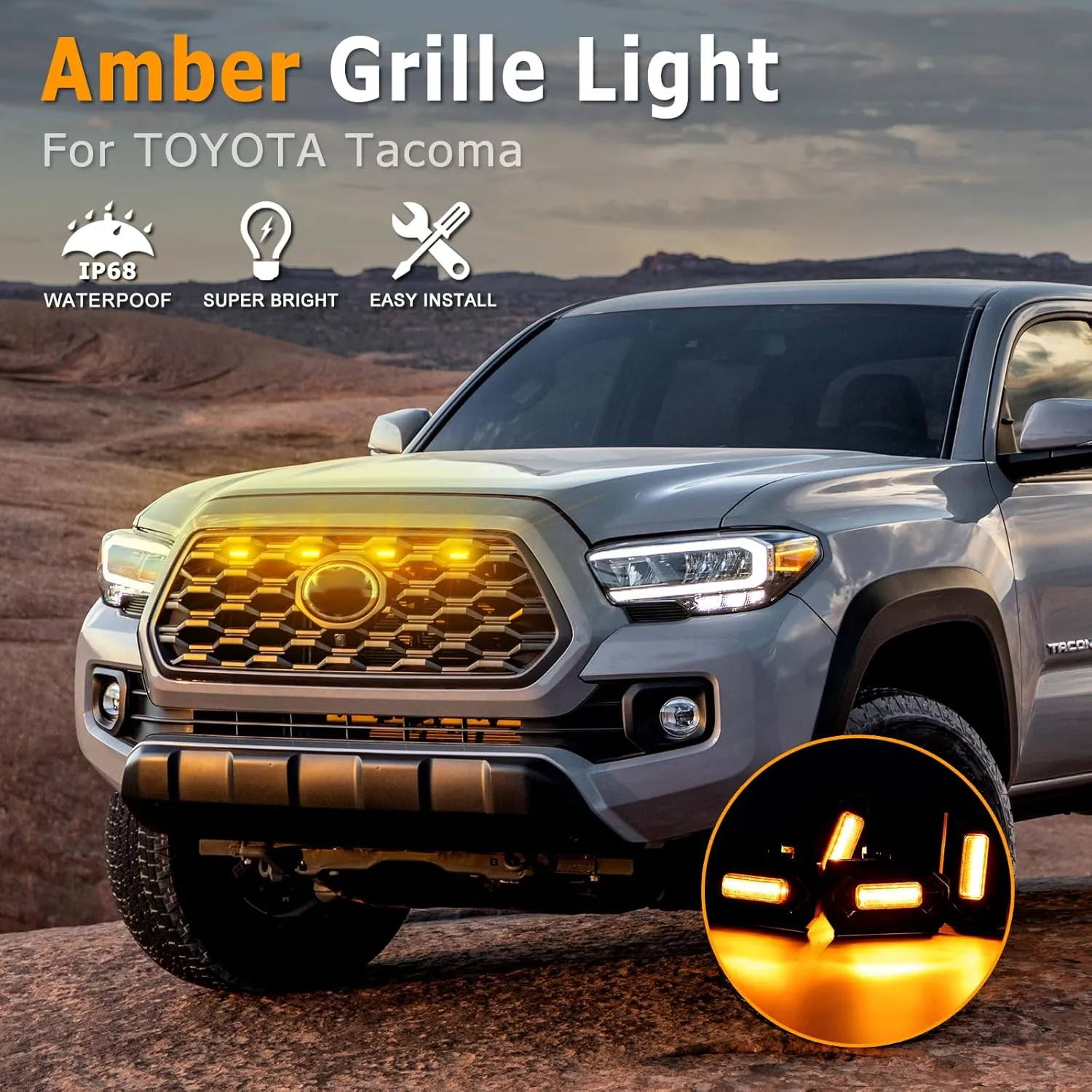 AUTOXBERT Tacoma LED Grill Lights Compatible with Toyota Tacoma 2020 2021 2022 2023 TRD Off-Road & Sprot OEM Front Grille Amber Lights with Fuse（4PCS Amber Shell Amber Lights）