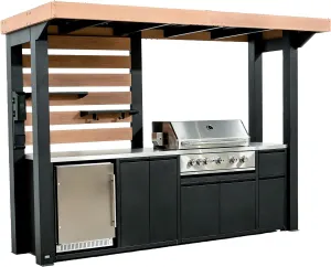 Backyard Discovery Fusion Flame Galvanized Steel Covered Outdoor Kitchen with 5-Burner Stainless Steel Grill, Refrigerator, Countertop, Storage, and Steel Roof for All-Season Outdoor Cooking
