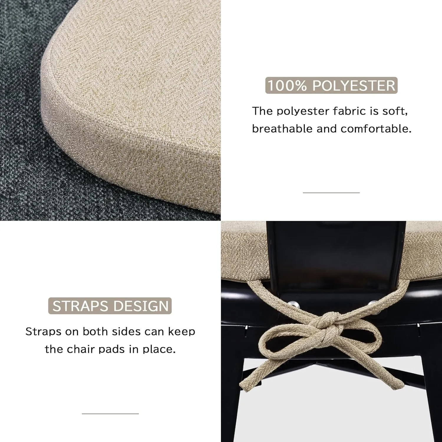 baibu 14In Metal Chair Cushion with Ties, Set of 4 Non-Slip Metal Dining Chair Pads Kitchen Seat Cushions with Machine Washable Cover, 14x14x1.5in, Beige