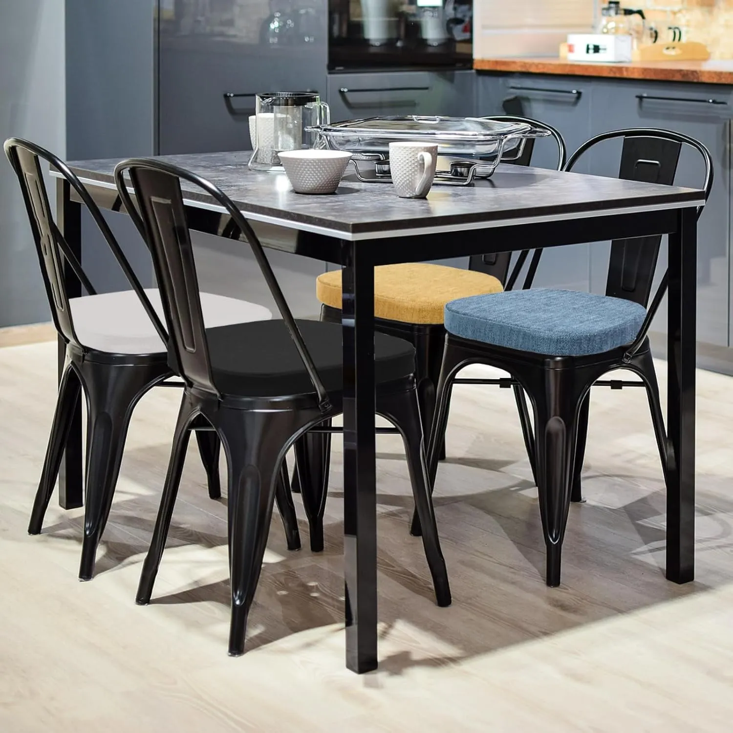 baibu 14In Metal Chair Cushion with Ties, Set of 4 Non-Slip Metal Dining Chair Pads Kitchen Seat Cushions with Machine Washable Cover, 14x14x1.5in, Dark Grey