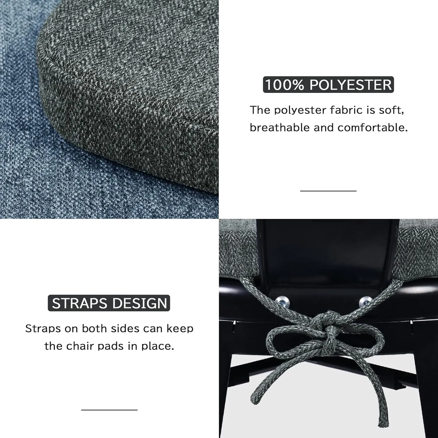 baibu 14In Metal Chair Cushion with Ties, Set of 4 Non-Slip Metal Dining Chair Pads Kitchen Seat Cushions with Machine Washable Cover, 14x14x1.5in, Dark Grey