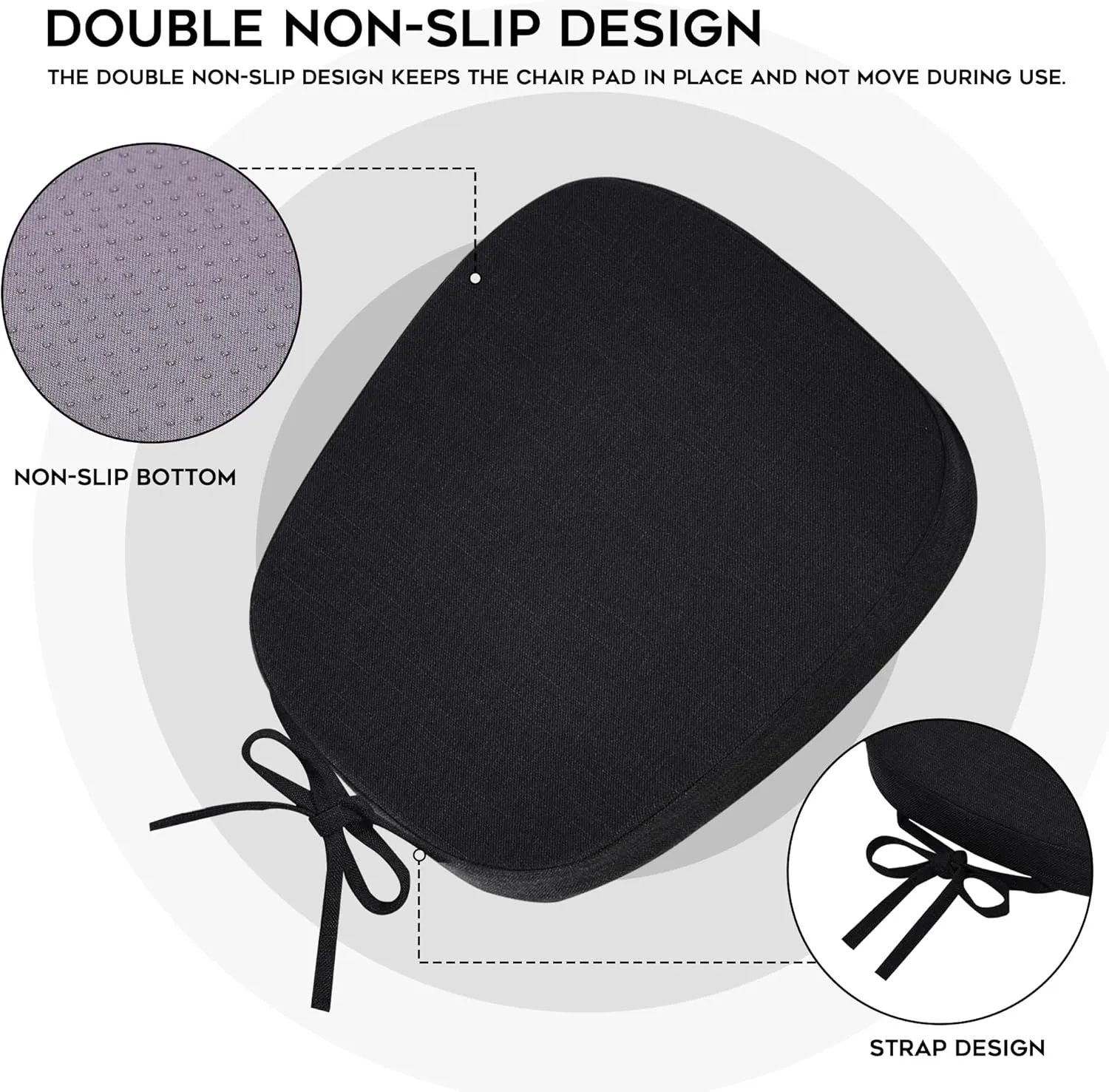 baibu Set of 4 Metal Chair Cushions with Ties, 14In Non-Slip Metal Dining Chair Pads Kitchen Seat Cushion with Machine Washable Cover, 14x14x1.5in, Black