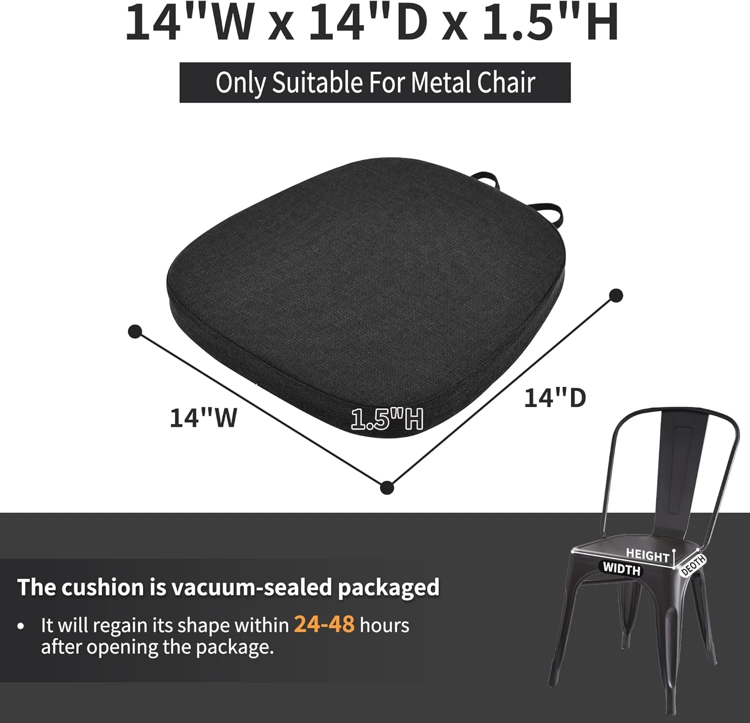 baibu Set of 4 Metal Chair Cushions with Ties, 14In Non-Slip Metal Dining Chair Pads Kitchen Seat Cushion with Machine Washable Cover, 14x14x1.5in, Black