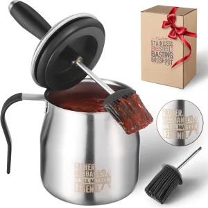 BBQ Basting Pot with Brushes，Fathers Day Grilling Gifts for Men，Stainless Steel 304 Barbecue Basting Pot Brush Set，Cooking Gifts for Him Husband，Grill Gifts for Dad，Airtight 32oz. Large BBQ Sauce Container Pot