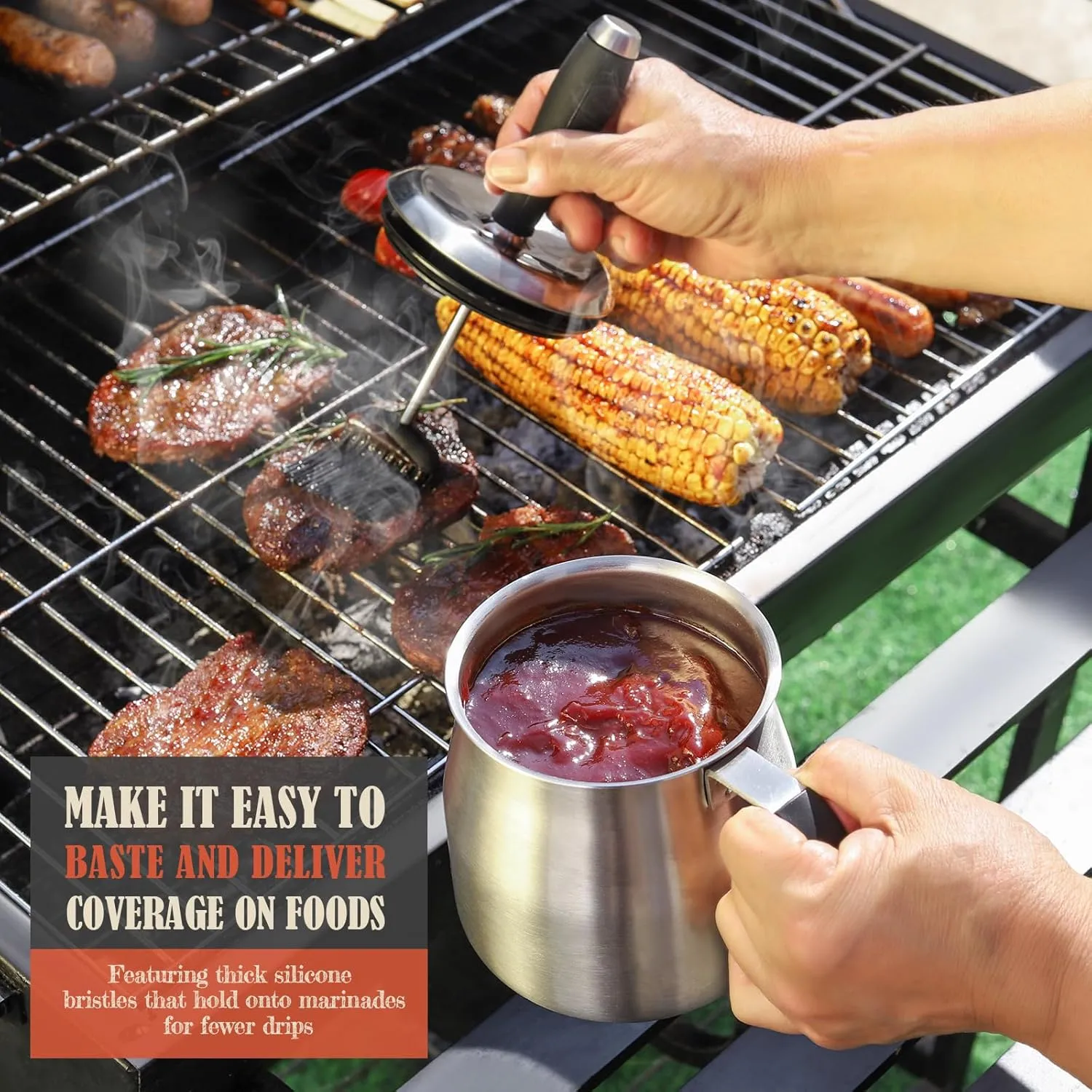 BBQ Basting Pot with Brushes，Fathers Day Grilling Gifts for Men，Stainless Steel 304 Barbecue Basting Pot Brush Set，Cooking Gifts for Him Husband，Grill Gifts for Dad，Airtight 32oz. Large BBQ Sauce Container Pot