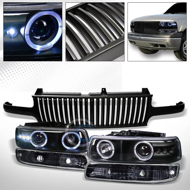 BK HALO LED PROJECTOR HEAD LIGHTS BUMPER MATTE VT GRILL 99-02 SILVERADO/SUBURBAN