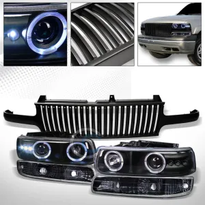 BK HALO LED PROJECTOR HEAD LIGHTS BUMPER MATTE VT GRILL 99-02 SILVERADO/SUBURBAN