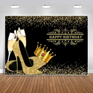 Black Gold Happy Birthday Backdrop Banner Shiny Golden Crown Sequin Champagne High Heels Adult Bday Photography Background for Women Queen Themed Birthday Party Decorations Photo Booth Backdrops 7x5ft
