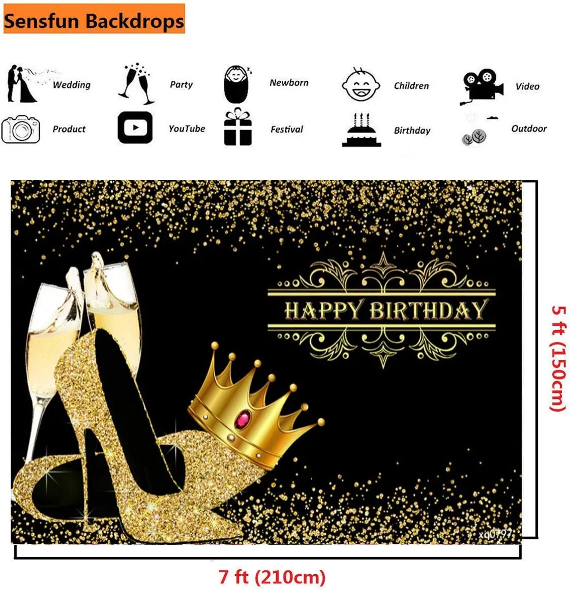 Black Gold Happy Birthday Backdrop Banner Shiny Golden Crown Sequin Champagne High Heels Adult Bday Photography Background for Women Queen Themed Birthday Party Decorations Photo Booth Backdrops 7x5ft