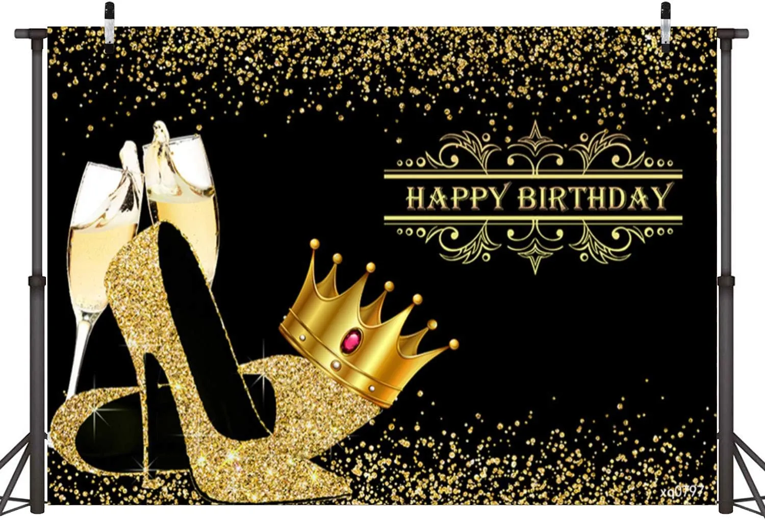 Black Gold Happy Birthday Backdrop Banner Shiny Golden Crown Sequin Champagne High Heels Adult Bday Photography Background for Women Queen Themed Birthday Party Decorations Photo Booth Backdrops 7x5ft