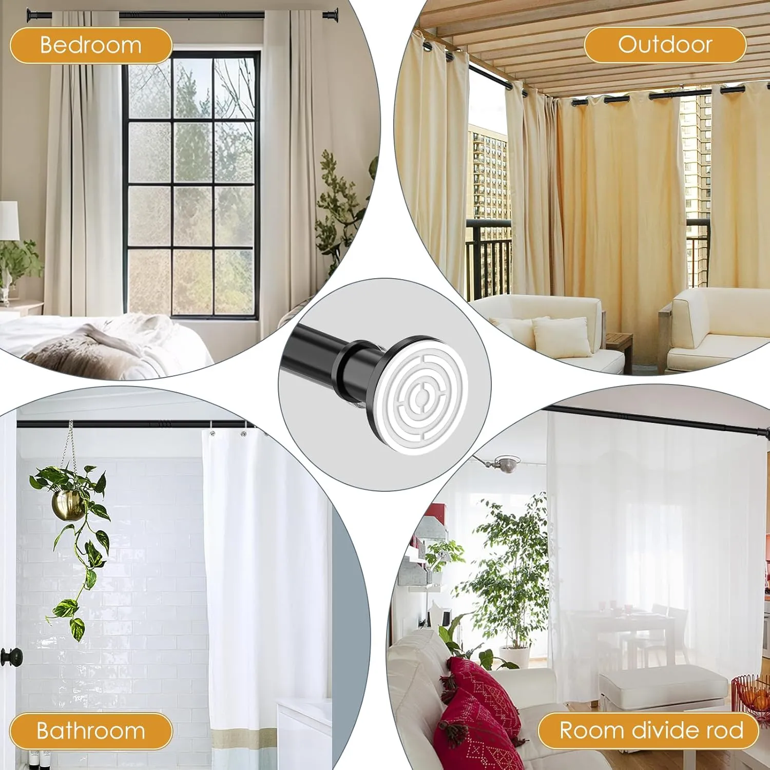 Black Long Curtain Rod Tension Shower Curtain Rods 30 to 120 inch Adjustable Spring Heavy Duty Rods for Bathroom Windows Outdoor No Drill No Slip Stainless Steel