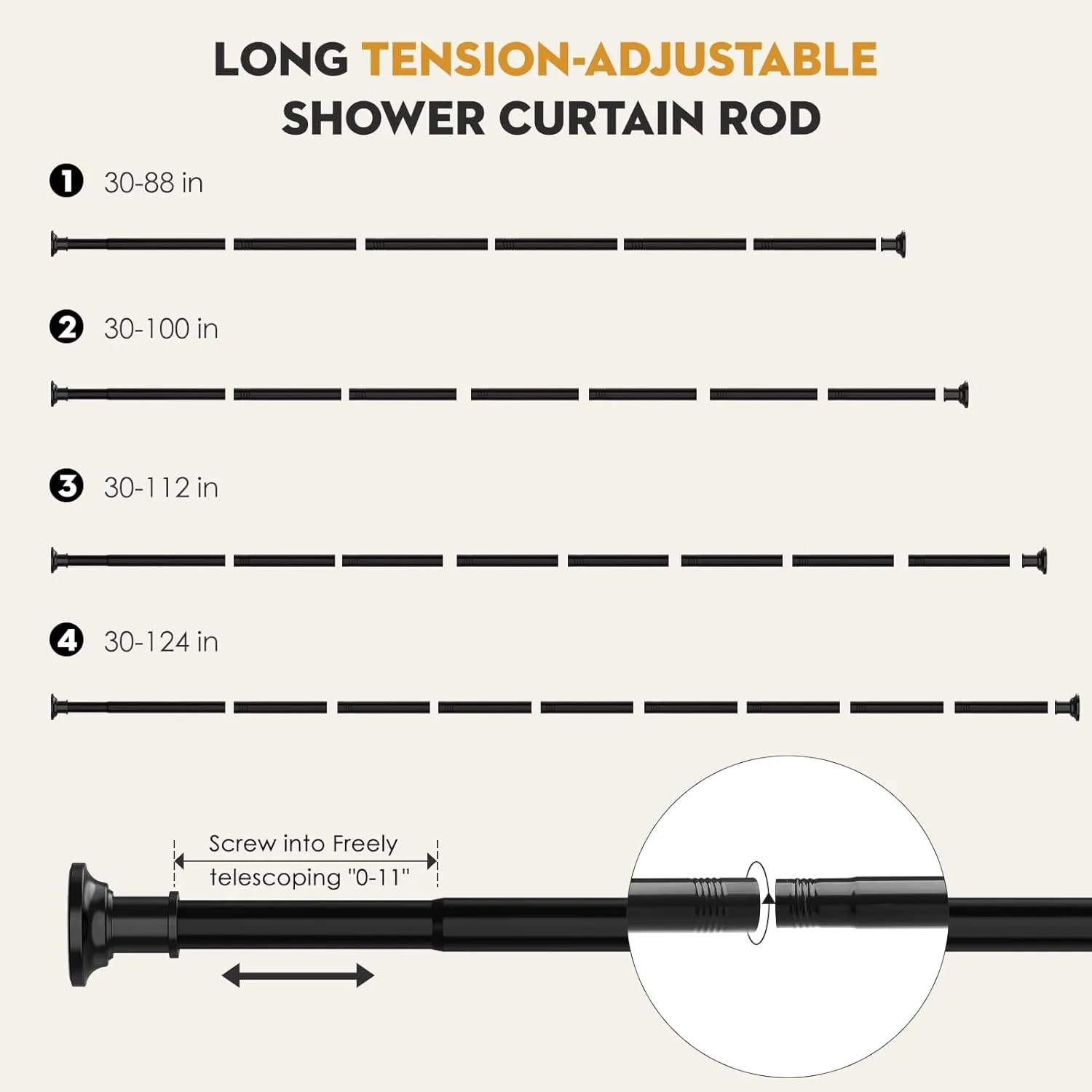 Black Long Curtain Rod Tension Shower Curtain Rods 30 to 120 inch Adjustable Spring Heavy Duty Rods for Bathroom Windows Outdoor No Drill No Slip Stainless Steel