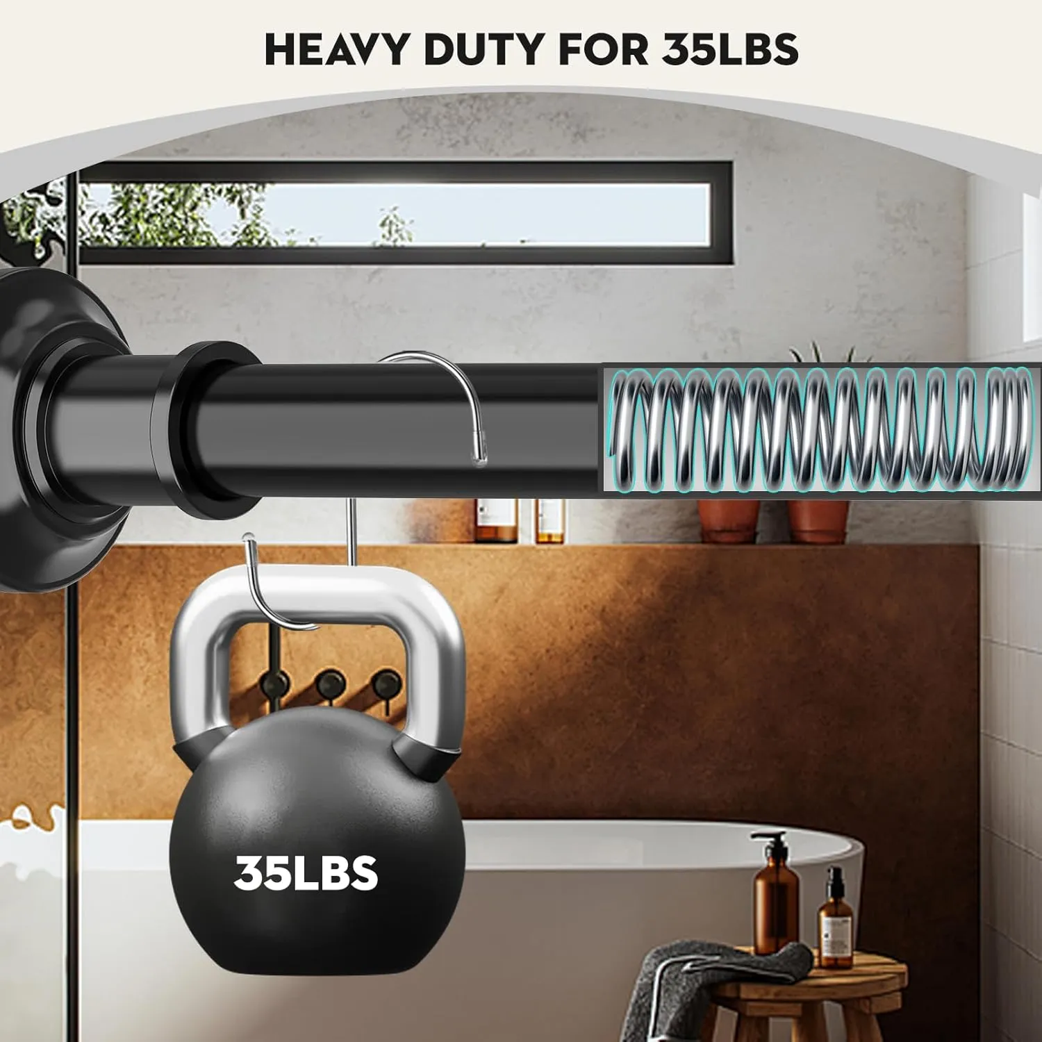 Black Long Curtain Rod Tension Shower Curtain Rods 30 to 120 inch Adjustable Spring Heavy Duty Rods for Bathroom Windows Outdoor No Drill No Slip Stainless Steel