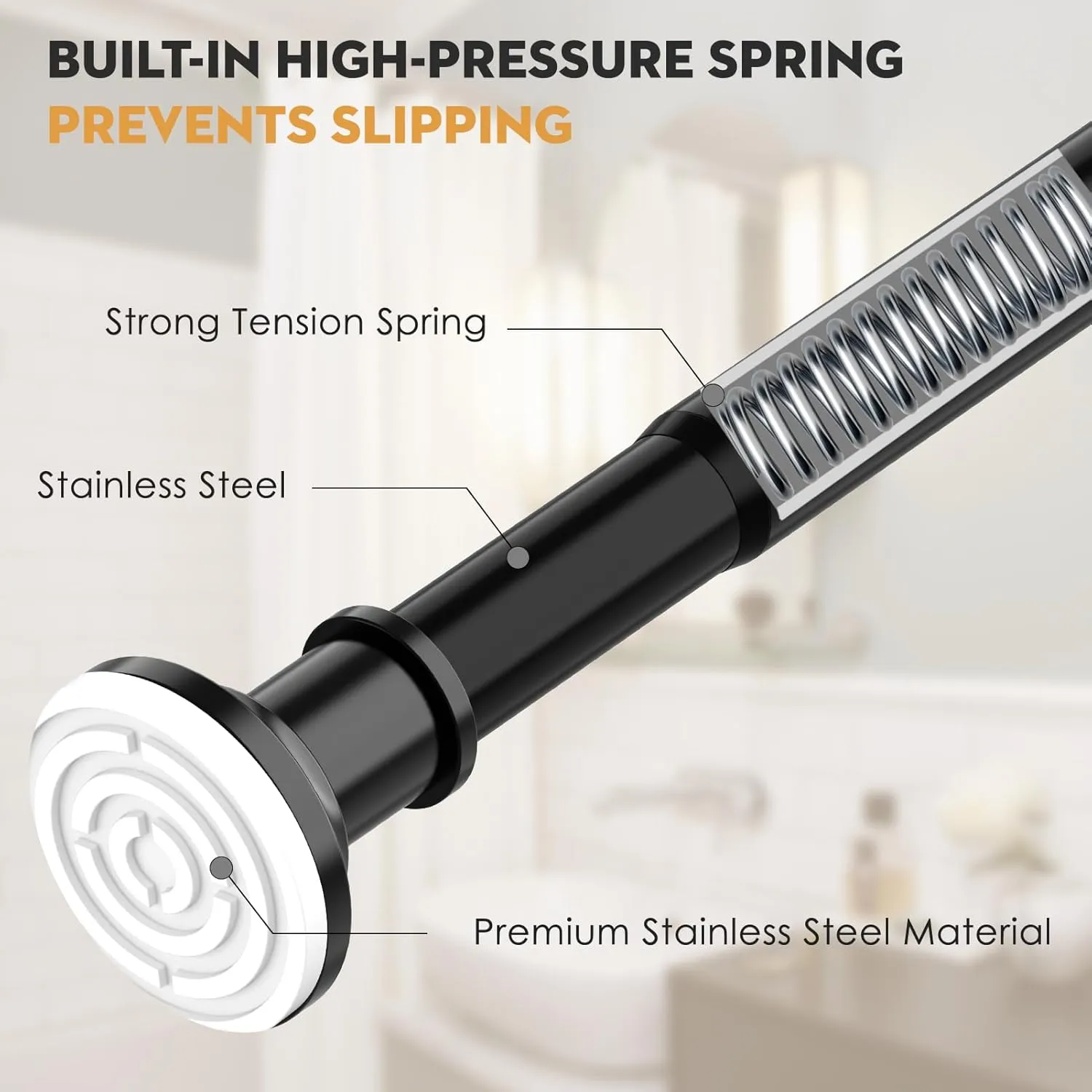 Black Long Curtain Rod Tension Shower Curtain Rods 30 to 120 inch Adjustable Spring Heavy Duty Rods for Bathroom Windows Outdoor No Drill No Slip Stainless Steel