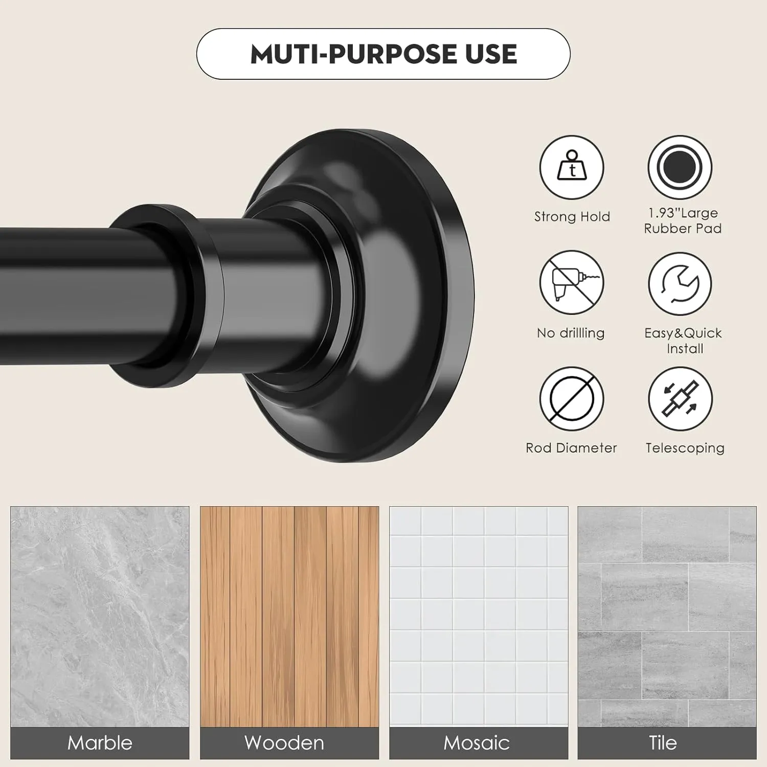 Black Long Curtain Rod Tension Shower Curtain Rods 30 to 120 inch Adjustable Spring Heavy Duty Rods for Bathroom Windows Outdoor No Drill No Slip Stainless Steel