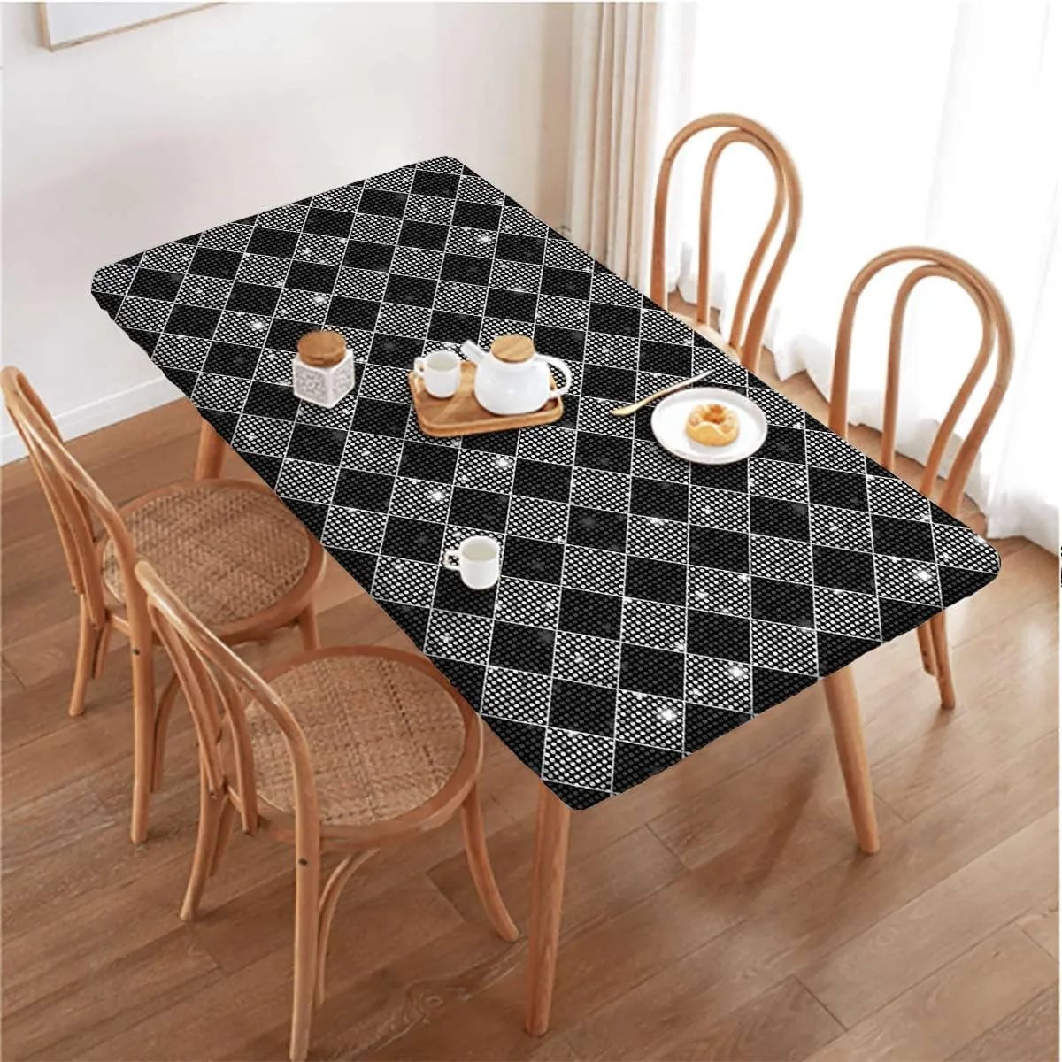 Black White Grey Tablecloth Elastic Edge Fitted Scarf Patterns in Patchwork Soft-Touch Fitted Table Cloth, Waterproof Oil-Proof Table Cover Plaid Striped Fits up 4 Foot Tables