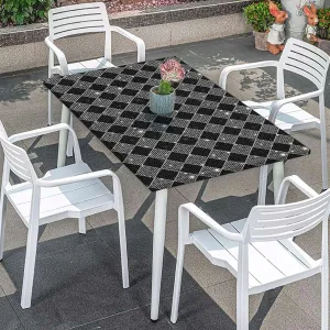Black White Grey Tablecloth Elastic Edge Fitted Scarf Patterns in Patchwork Soft-Touch Fitted Table Cloth, Waterproof Oil-Proof Table Cover Plaid Striped Fits up 4 Foot Tables