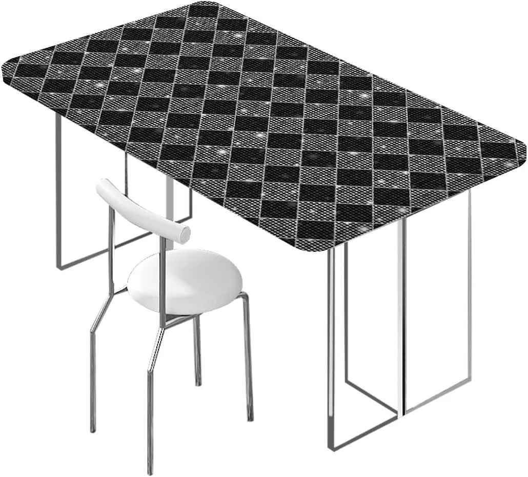 Black White Grey Tablecloth Elastic Edge Fitted Scarf Patterns in Patchwork Soft-Touch Fitted Table Cloth, Waterproof Oil-Proof Table Cover Plaid Striped Fits up 4 Foot Tables