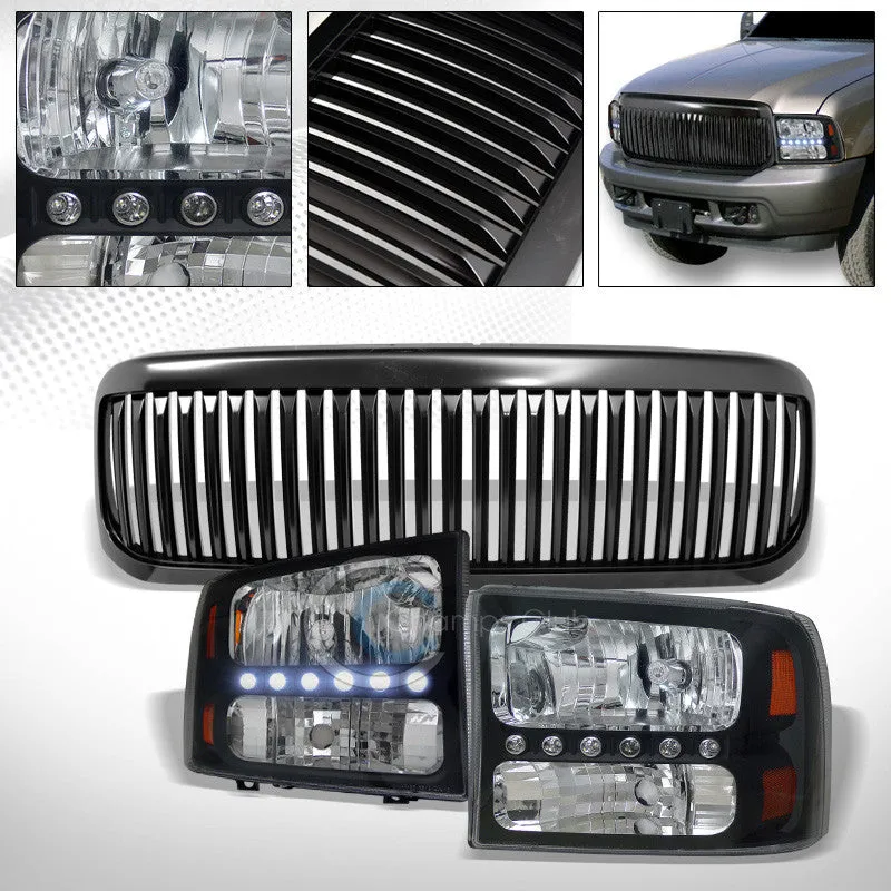 BLK LED HEAD LIGHTS CORNER AM 1PC KS MATTE VERTICAL GRILL GRILLE 99-04 F250/F350
