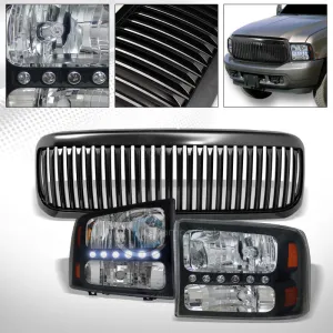 BLK LED HEAD LIGHTS CORNER AM 1PC KS MATTE VERTICAL GRILL GRILLE 99-04 F250/F350