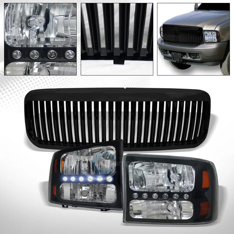 BLK LED HEAD LIGHTS CORNER AMBER 1PC KS VERTICAL GRILL GRILLE 99-04 F250/F350 SD