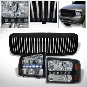 BLK LED HEAD LIGHTS CORNER AMBER 1PC KS VERTICAL GRILL GRILLE 99-04 F250/F350 SD
