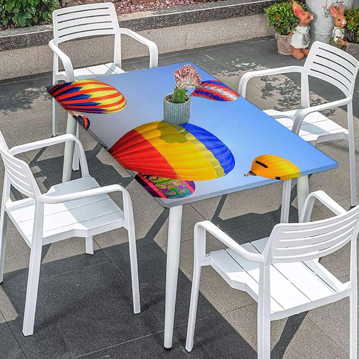 Blue Elastic Edge Fitted Tablecloth, Nostalgic Hot Air Balloons in Sky Flying Journey Elastic Edged Picnic Table Covers ?for Camping, Dining, Outdoor, Park, Patio Colorful Fits up 5 Foot Tables