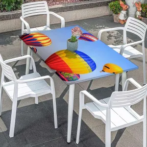 Blue Elastic Edge Fitted Tablecloth, Nostalgic Hot Air Balloons in Sky Flying Journey Elastic Edged Picnic Table Covers ?for Camping, Dining, Outdoor, Park, Patio Colorful Fits up 5 Foot Tables