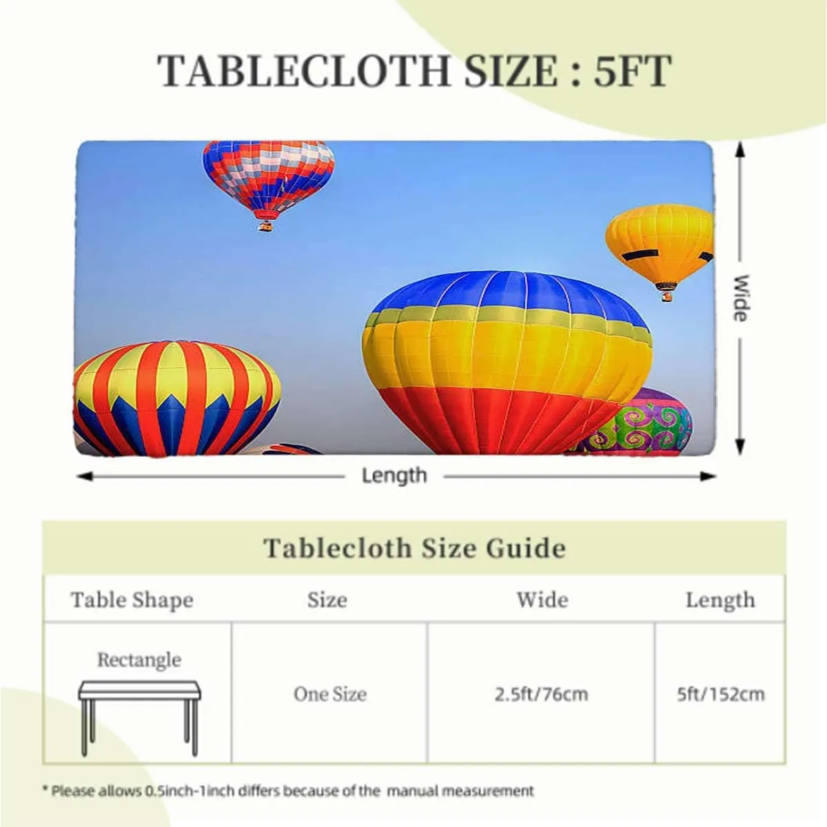 Blue Elastic Edge Fitted Tablecloth, Nostalgic Hot Air Balloons in Sky Flying Journey Elastic Edged Picnic Table Covers ?for Camping, Dining, Outdoor, Park, Patio Colorful Fits up 5 Foot Tables