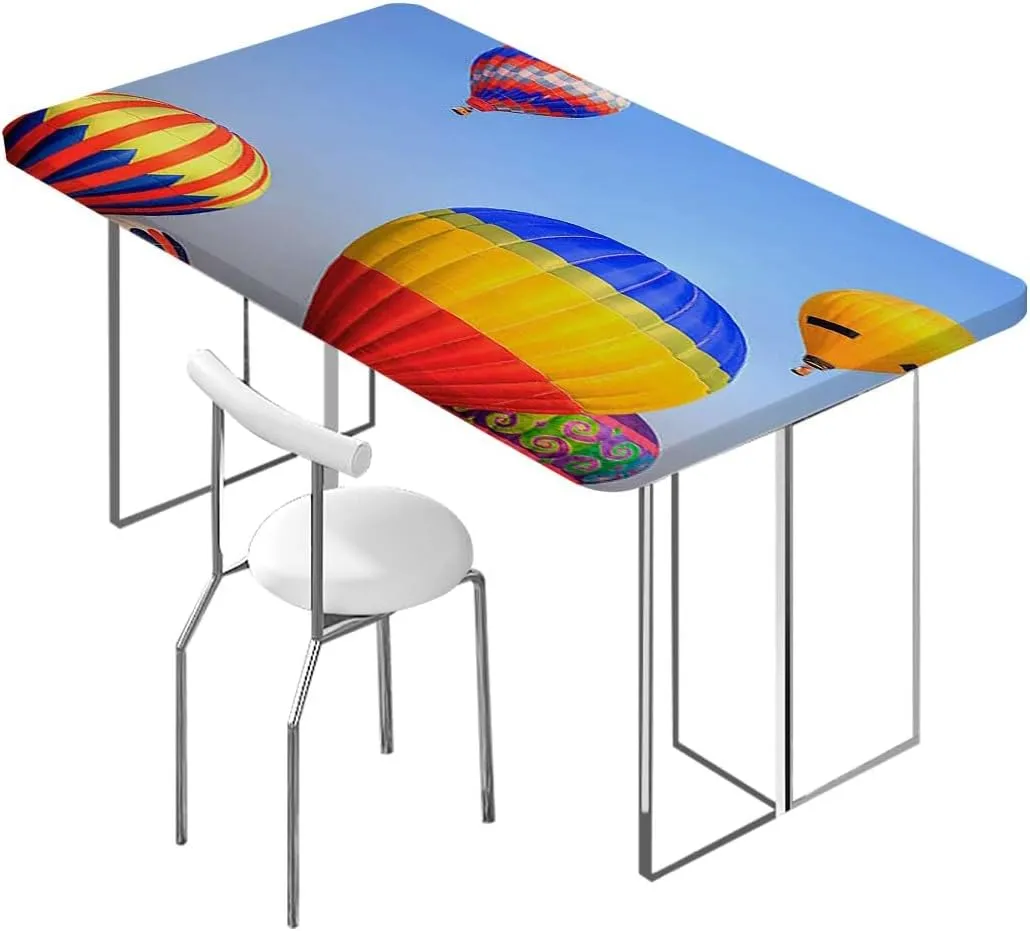 Blue Elastic Edge Fitted Tablecloth, Nostalgic Hot Air Balloons in Sky Flying Journey Elastic Edged Picnic Table Covers ?for Camping, Dining, Outdoor, Park, Patio Colorful Fits up 5 Foot Tables