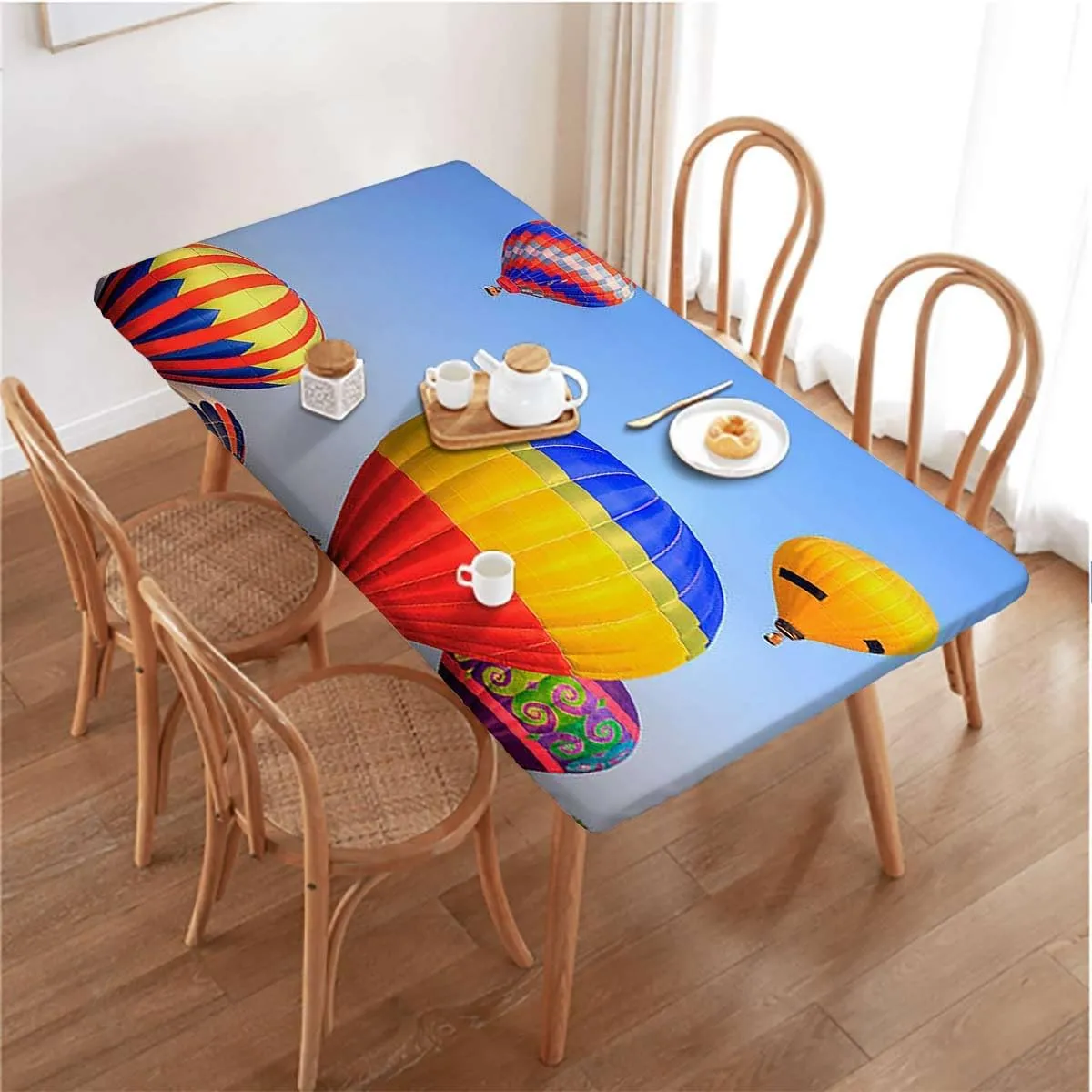 Blue Elastic Edge Fitted Tablecloth, Nostalgic Hot Air Balloons in Sky Flying Journey Elastic Edged Picnic Table Covers ?for Camping, Dining, Outdoor, Park, Patio Colorful Fits up 5 Foot Tables