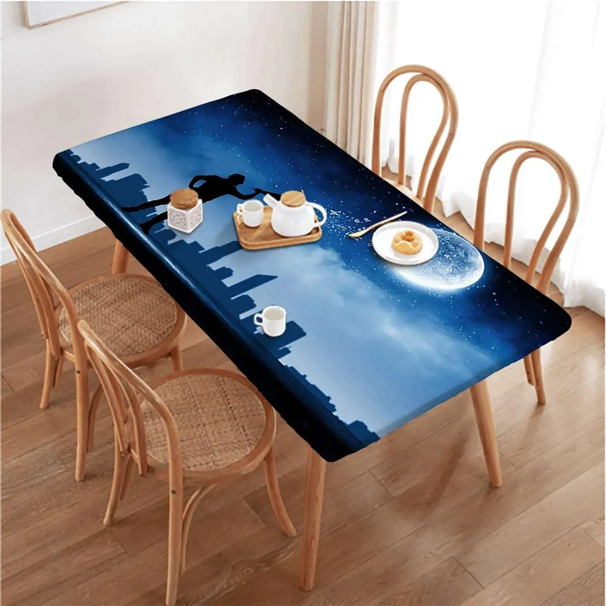 Blue Elastic Edged Table Covers Stars and Astronaut Galaxy Outer Space Table Cloth for Indoor Outdoor Picnic Parties,for 5 Foot Tables Space