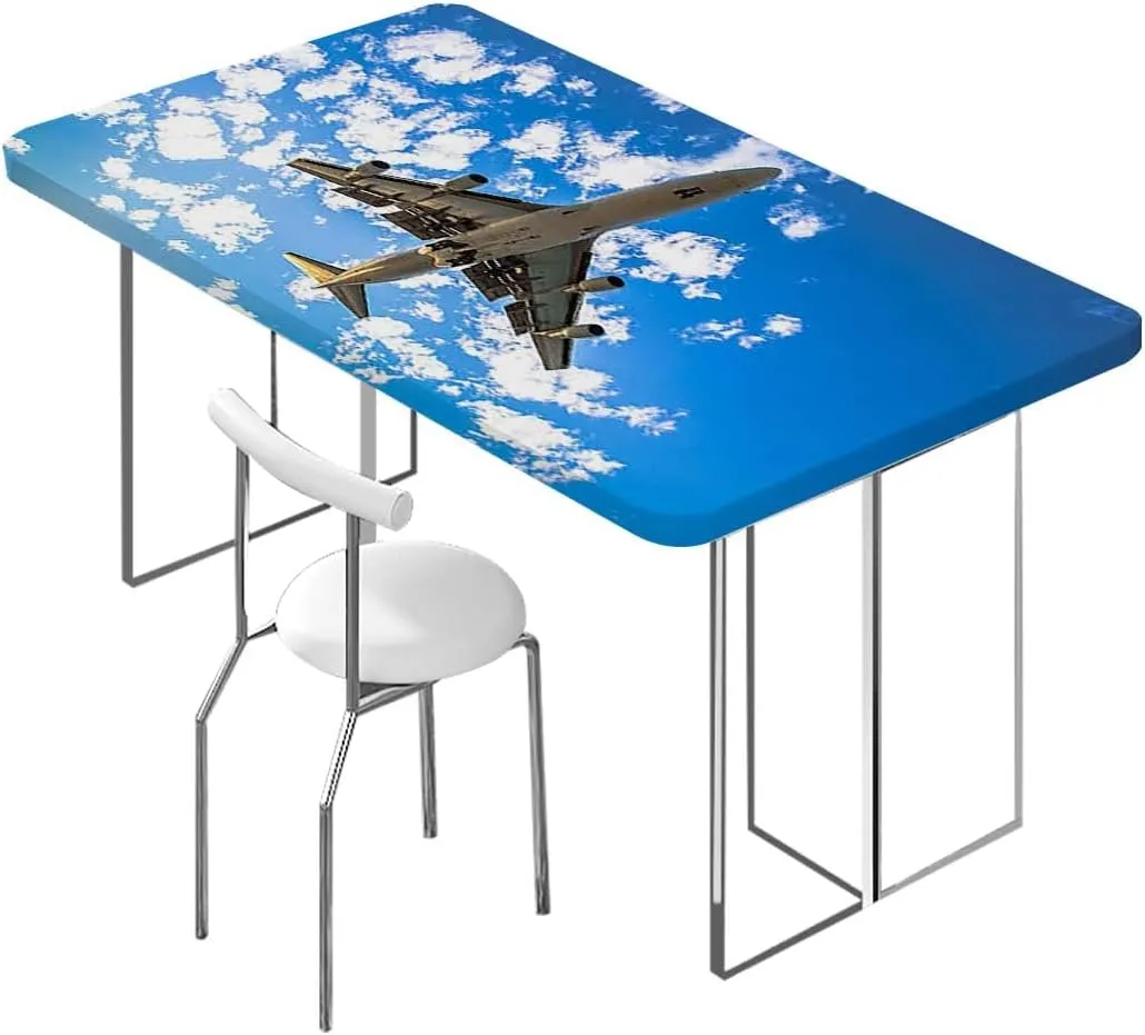 Blue Elastic Fitted Picnic Table Cover Airplane Jet Planes Aviation Waterproof Wipeable Table Covers for Indoor, Outdoor Aerial Scenery Fits up 5 Foot Tables