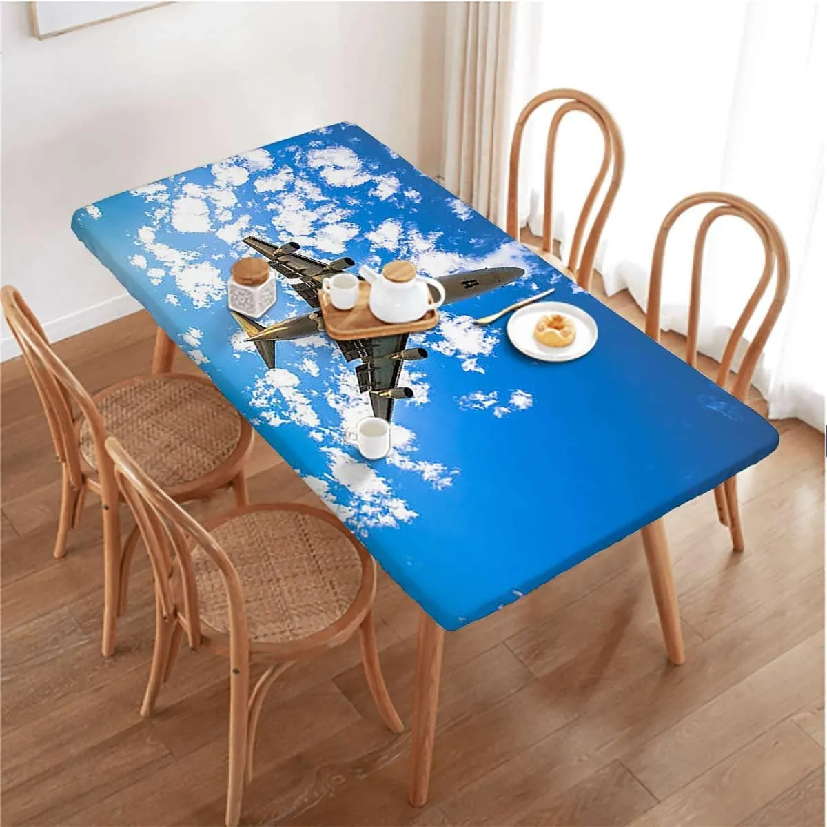 Blue Elastic Fitted Picnic Table Cover Airplane Jet Planes Aviation Waterproof Wipeable Table Covers for Indoor, Outdoor Aerial Scenery Fits up 5 Foot Tables