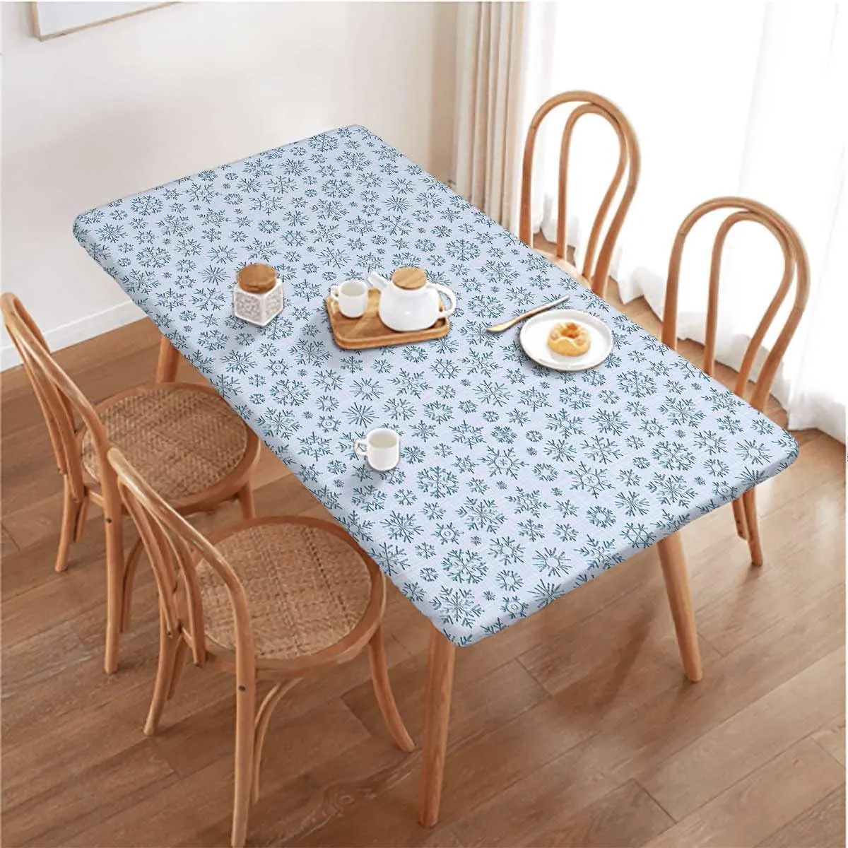 Blue Rectangle Table Cloth Cover, Flowers Vintage Bohemian Design Waterproof Wipeable Table Cloth Protector Antique Design Fits up 5 Foot Tables