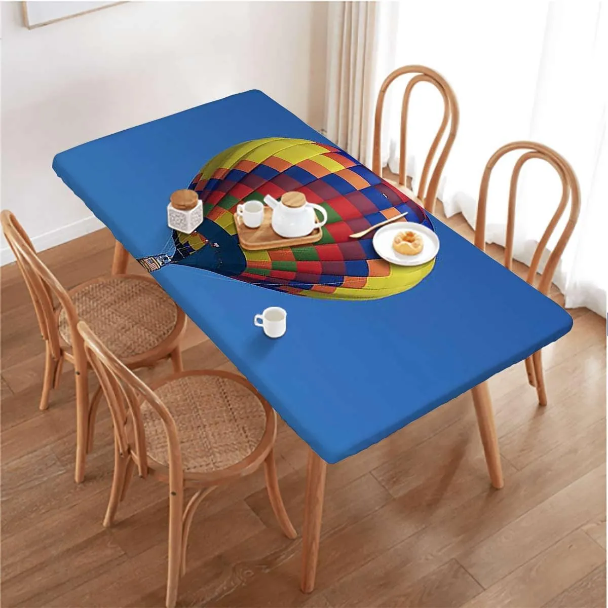 Blue Rectangular Table Covers, Nostalgic Hot Air Balloons in Sky Flying Journey Fitted Spandex Stretch Square Table Covers Caps Elastic Square Tablecloth Colorful Fits up 4 Foot Tables