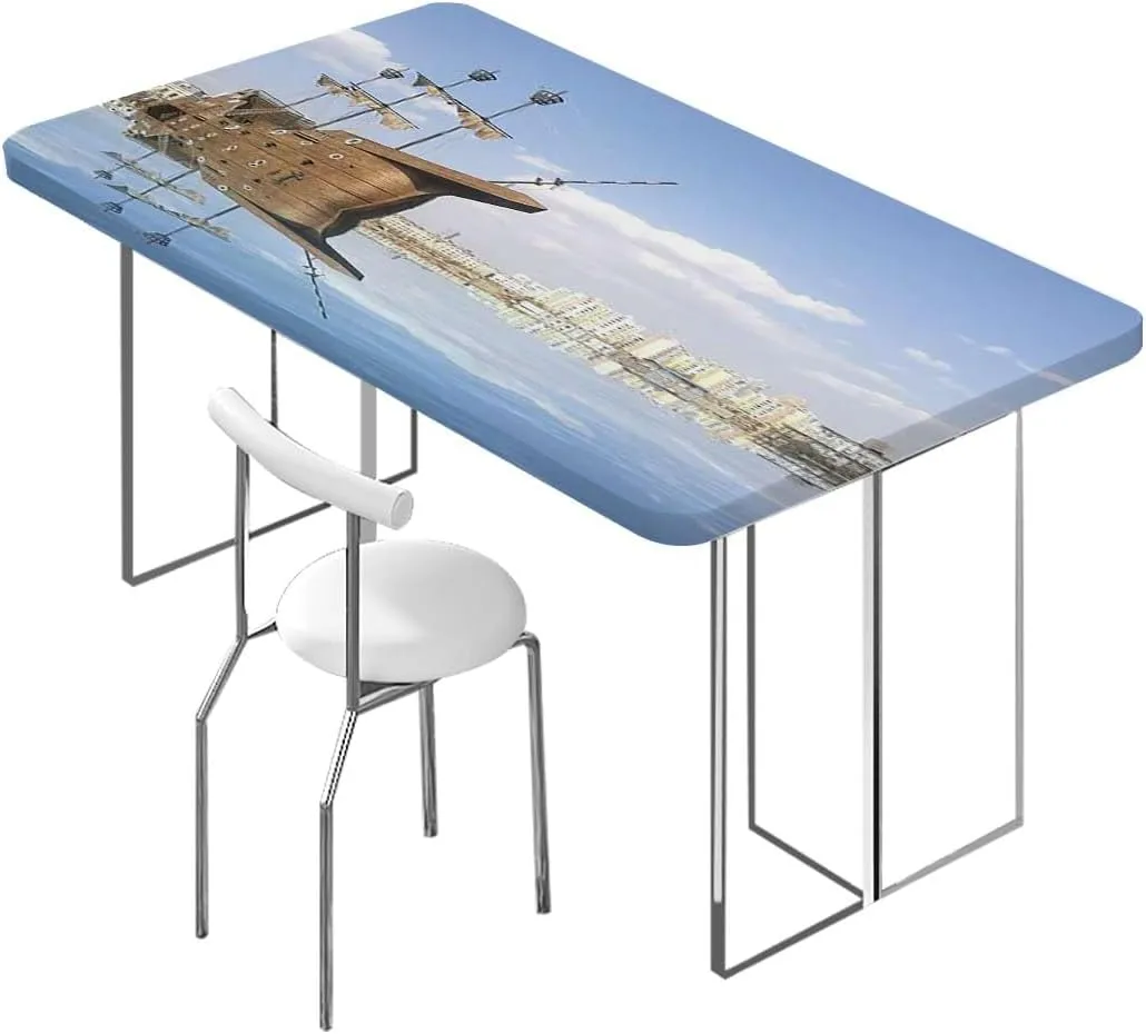 Blue Salmon Black Elastic Tablecloth Scenery Tropical Maritime Waterproof Wipeable Table Cloth Protector Antique Old Sailboat Fits up 4 Foot Tables