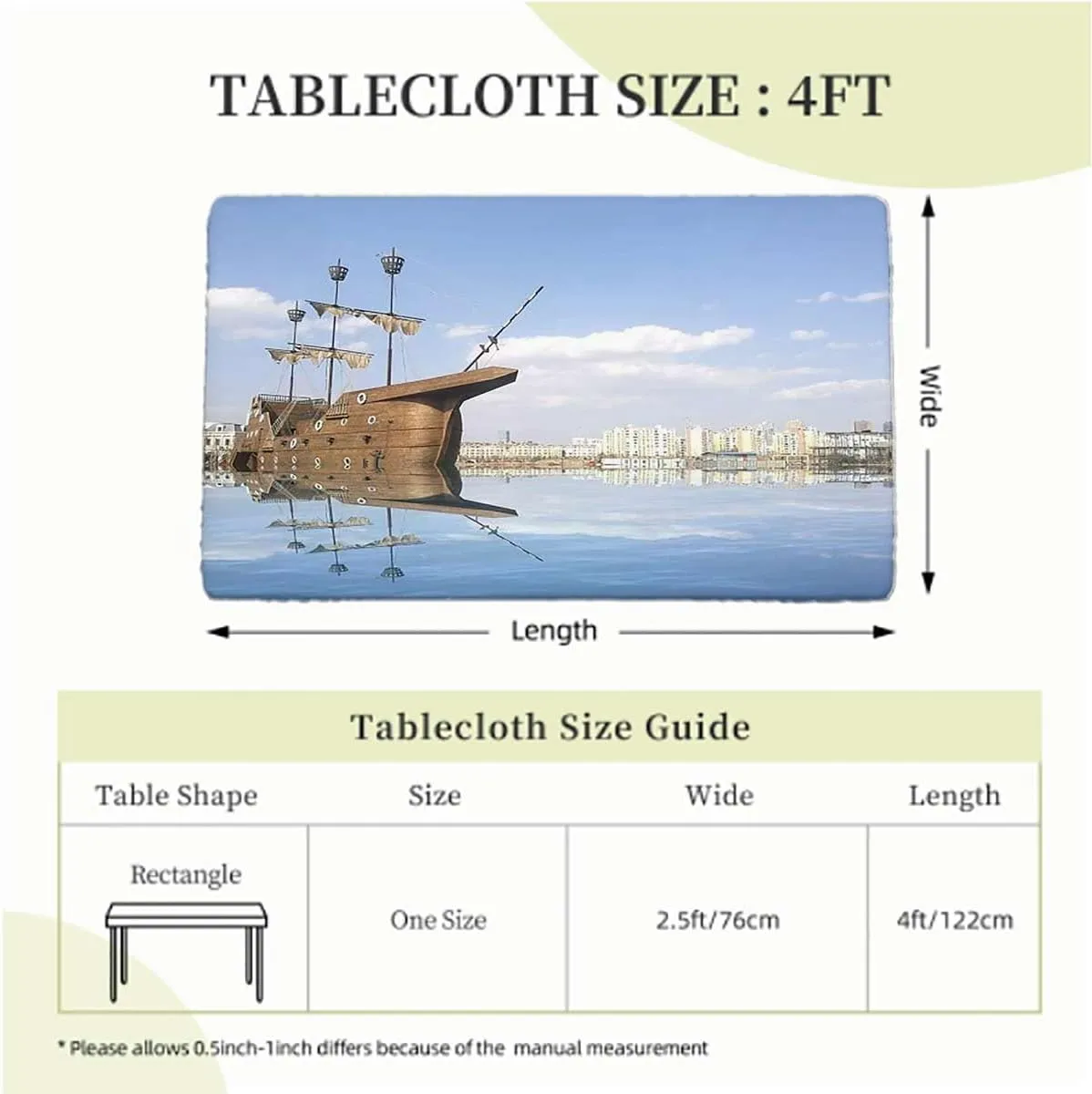 Blue Salmon Black Elastic Tablecloth Scenery Tropical Maritime Waterproof Wipeable Table Cloth Protector Antique Old Sailboat Fits up 4 Foot Tables