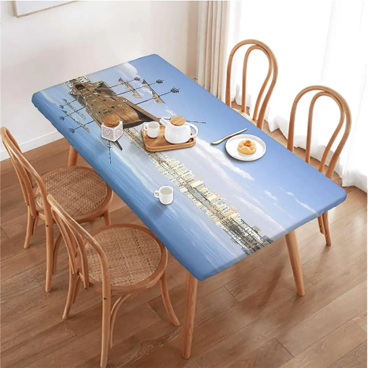 Blue Salmon Black Elastic Tablecloth Scenery Tropical Maritime Waterproof Wipeable Table Cloth Protector Antique Old Sailboat Fits up 4 Foot Tables