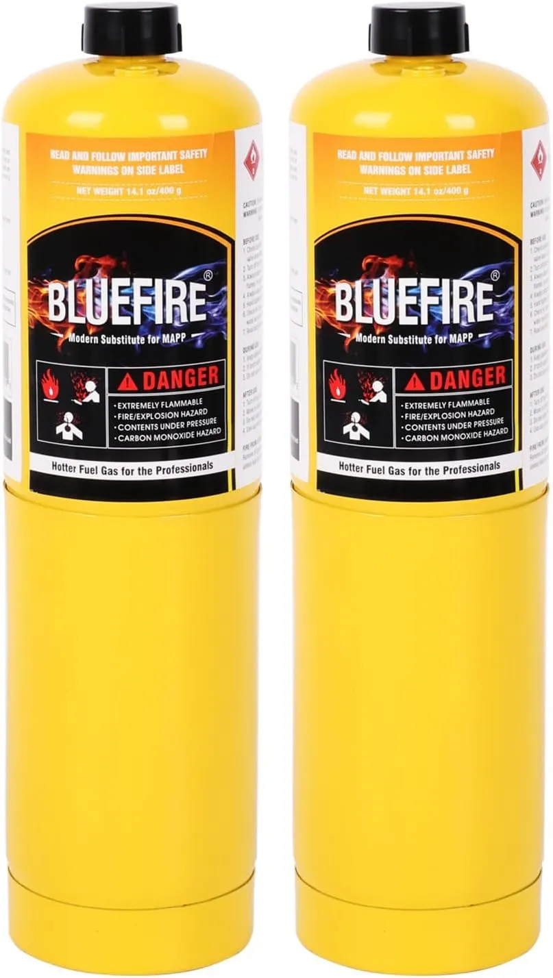 BLUEFIRE (2) 14.1 oz Modern MAPP Gas Cylinder 99.9% High Purity Propylene Equal to MAP-PRO Hotter than Small Propane Tank Torch Fuel Various Packages Available MAP GAS Cylinder Torch Kit Pack of 2