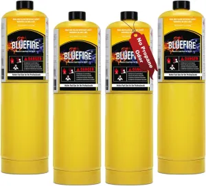 BLUEFIRE MAP MAPP Gas Torch Style Cylinder 14.1 oz 99.9% High Purity Propylene Equal To MAP-PRO Hotter than Propane Cooking MAP Gas to Broil Sous for Welding Brazing on Propane Torch (pack of 4)