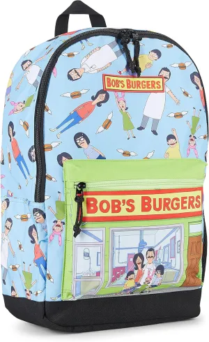 Bob's Burgers Mens Allover Backpack Bob, Tina & Louise Belcher Bookbag - Knapsack for Everyday (Light Blue)
