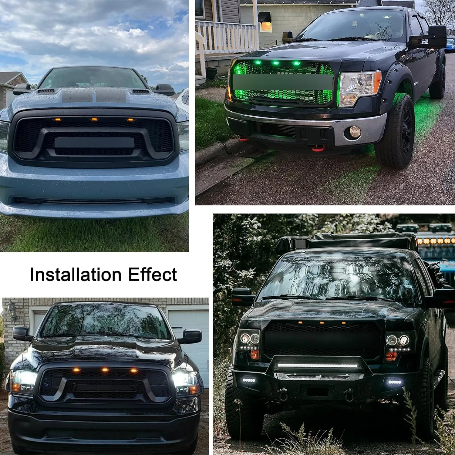 Boigoo Front Grille Light Compatible with Ford F150 Raptor 2004-2019 & Dodge Ram 1500 2013-2018 Raptor Style Aftermarket Grilles, Cars Grid Decorative Amber LED (Yellow Lights Smoked Lens)