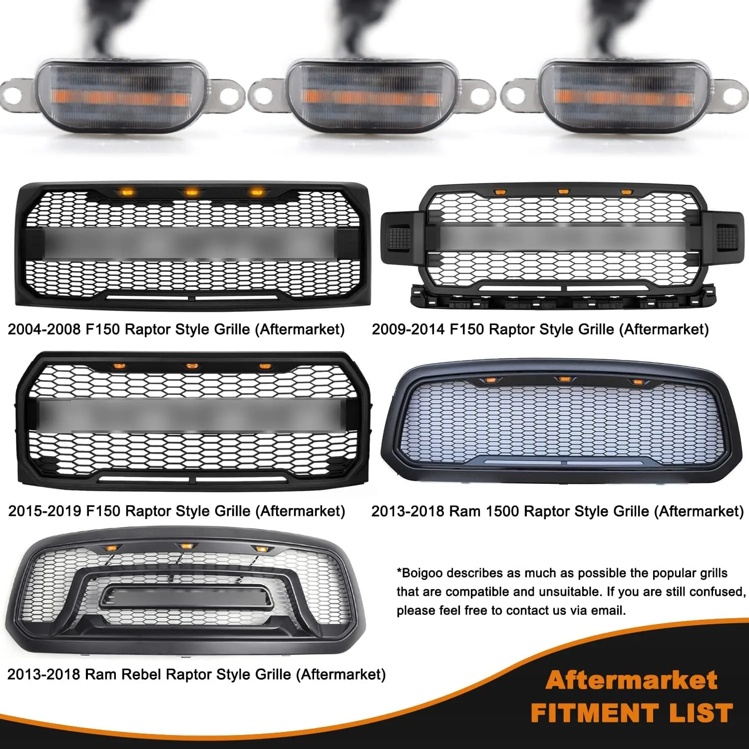 Boigoo Front Grille Light Compatible with Ford F150 Raptor 2004-2019 & Dodge Ram 1500 2013-2018 Raptor Style Aftermarket Grilles, Cars Grid Decorative Amber LED (Yellow Lights Smoked Lens)